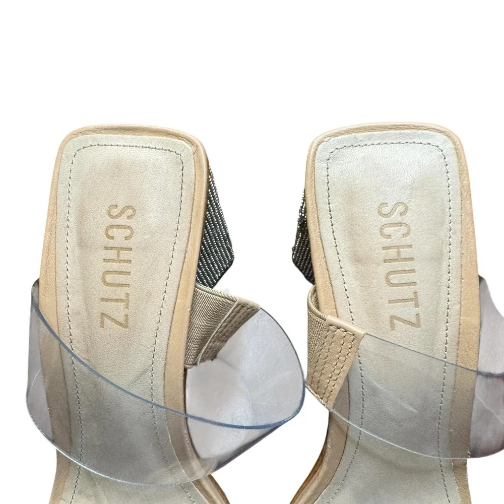 Schutz Shoes Womens Size 8 Beige Vinyl Ariellen Wedge Slide‎ Sandals Rhinestone